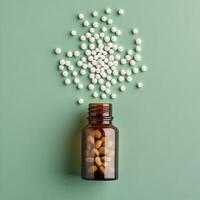 Brown glass bottle filled with tablets surrounded by scattered white pills on a green background photo