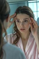 A woman in a pink robe looks concerned while touching her forehead in a bright bathroom mirror photo