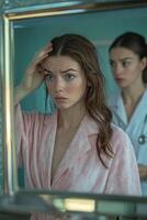 A woman in a pink robe looks concerned while touching her forehead in a bright bathroom mirror photo