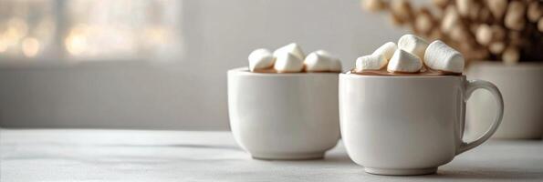 Warm cups of hot chocolate topped with marshmallows on a cozy winter afternoon photo