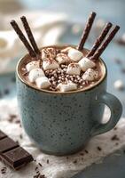 Warm hot chocolate with marshmallows and chocolate sticks in a cozy winter setting photo