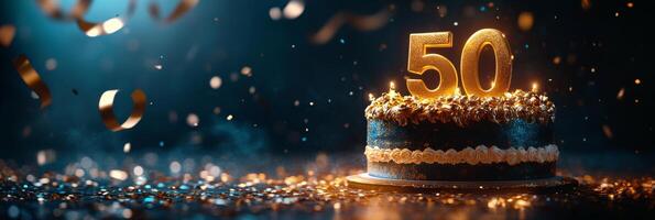 Celebrating a milestone birthday with a golden 50 cake surrounded by festive decorations photo