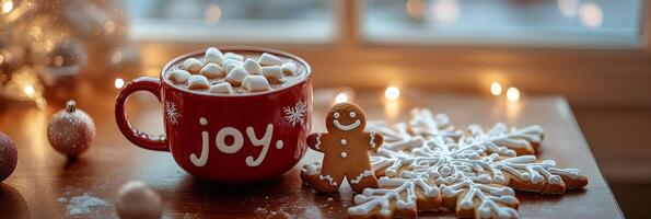Cozy winter moment with a festive red cup of hot cocoa and gingerbread cookies by the window photo