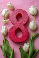 Beautiful arrangement of white tulips with a bright red number eight on a pink background photo