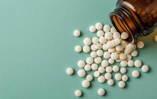 Various white pills spilled next to a glass bottle on a turquoise background at home photo