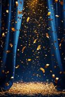 Golden confetti cascading down a dark blue background during a festive celebration event photo