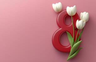 Elegant arrangement of white tulips next to a striking red number 8 on a pink background photo