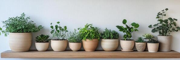 A variety of potted plants on a wooden shelf against a light wall in a cozy indoor setting photo