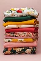 Colorful stack of folded fabrics showcasing floral patterns on a pastel pink background photo