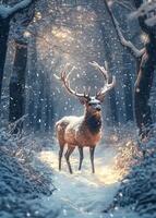 A majestic deer with large antlers standing in a snowy forest during winter photo
