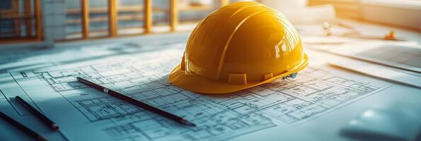 Bright yellow hard hat rests on construction plans in a well lit modern workspace photo