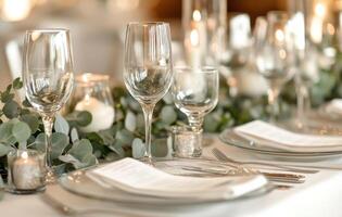 Elegant table setting for a wedding reception with candles and greenery in soft lighting photo
