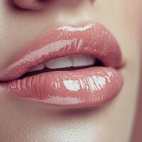 Glossy pink lips close up showcasing a natural smile in bright lighting for a beauty look photo