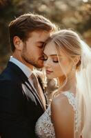 A tender moment between a bride and groom under soft wedding veil during sunset photo