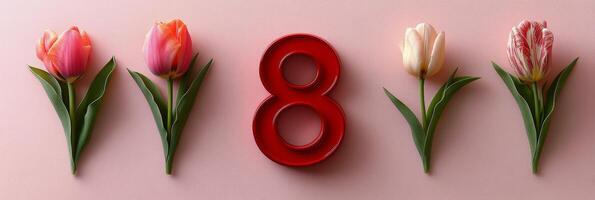 Brightly colored tulips surround a red number eight on a pink backdrop for a celebratory occasion photo