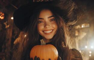 Smiling woman in a witch hat holding a pumpkin with Halloween decorations in the background photo
