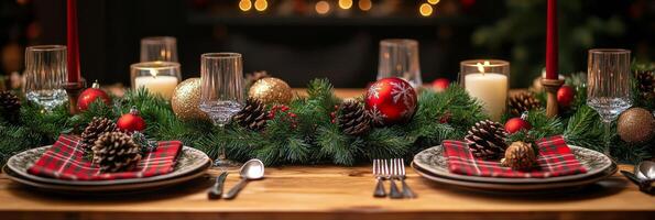 A beautifully decorated holiday dining table with pine branches and festive candles in winter photo