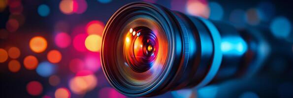 Close up of a camera lens capturing colorful bokeh lights at night photo