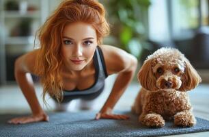 Young woman exercising on a mat at home while playfully interacting with her dog photo