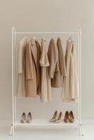 Stylish clothing rack with neutral coats and elegant shoes in a modern interior photo