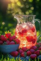 Refreshing strawberry lemonade served in a pitcher on a sunny day in a lush green field photo
