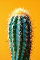 Beautiful close up of a tall green cactus with yellow spines against a bright orange background photo