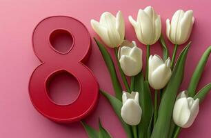 Elegant arrangement of white tulips next to a striking red number 8 on a pink background photo