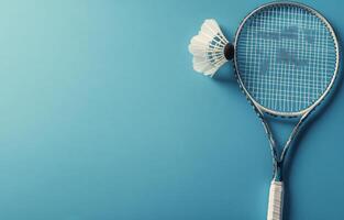 A badminton racket and shuttlecock resting on a blue background, ideal for sports enthusiasts photo