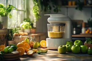 A bright kitchen filled with fresh citrus fruits and a blender preparing a refreshing juice mix photo