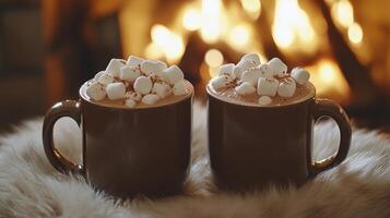 Warm mugs of hot chocolate with marshmallows by the crackling fireplace on a cozy evening photo