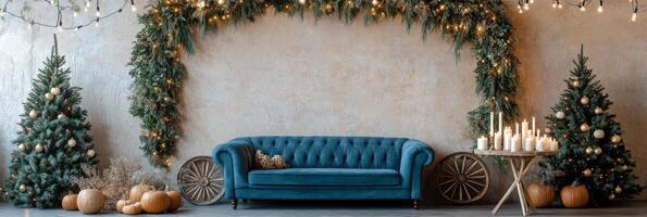 Cozy autumn decorations with a teal couch, pumpkins, and greenery in a warm setting photo