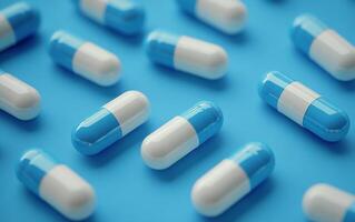 Colorful capsules and tablets scattered on a light blue surface in a clinical setting photo