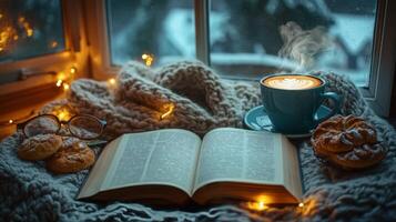 Cozy winter afternoon with coffee, cookies, and a good book by a frosted window photo
