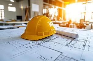 Yellow hard hat rests on blueprints in a sunlit construction office during late afternoon photo