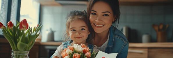 A mother and daughter enjoy a creative moment together with flowers and a heartfelt card photo