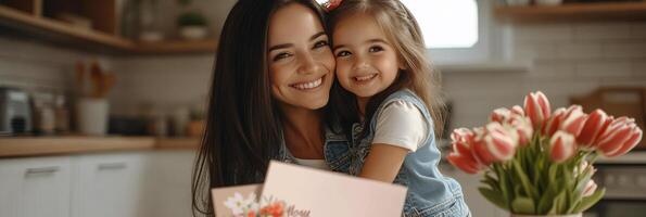 A mother and daughter enjoy a creative moment together with flowers and a heartfelt card photo