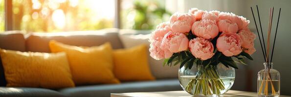 Bright living room with a pink peony bouquet and a stylish fragrance diffuser on a sunny day photo