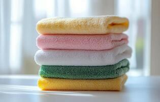 Neatly stacked colorful towels on a table in a bright, sunlit room during daytime photo
