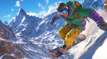 Snowboarder navigating steep mountainside during a sunny winter day in a snowy landscape photo