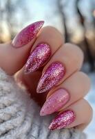 Elegant pink and glittery nails with heart design showcased outdoors in natural sunlight photo