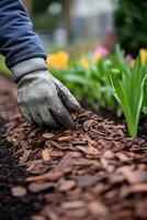 Gardener applying mulch around blooming flowers in a vibrant garden during sunny weather photo