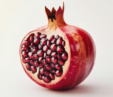 Freshly cut pomegranate revealing juicy red seeds on a neutral background photo