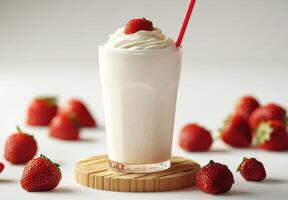 Delicious creamy milkshake topped with fresh strawberries and a straw on a wooden platform photo