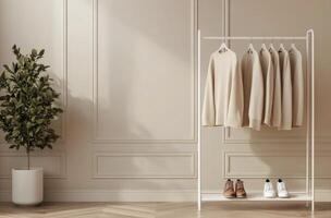 Stylish beige clothing on rack with modern decor and plant in minimalistic room setting photo