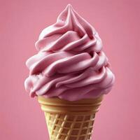 Delicious pink swirl ice cream cone against a vibrant pink background photo