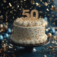 50th birthday cake adorned with golden decorations and sparkling confetti at a celebratory event photo