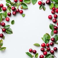 Fresh red cherries and green leaves arranged on a light background for a vibrant rustic display photo