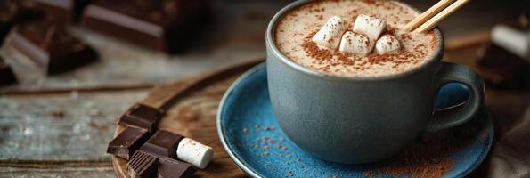 Warm cup of hot chocolate with marshmallows and chocolate pieces on a rustic wooden table photo