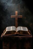 A wooden cross rests above an open Bible on a rustic table in soft light, symbolizing faith photo