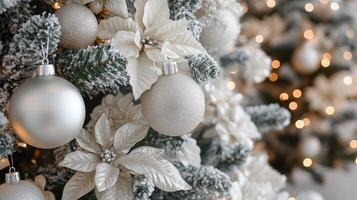Elegant silver and white Christmas tree decorated with ornaments and flowers in a cozy setting photo